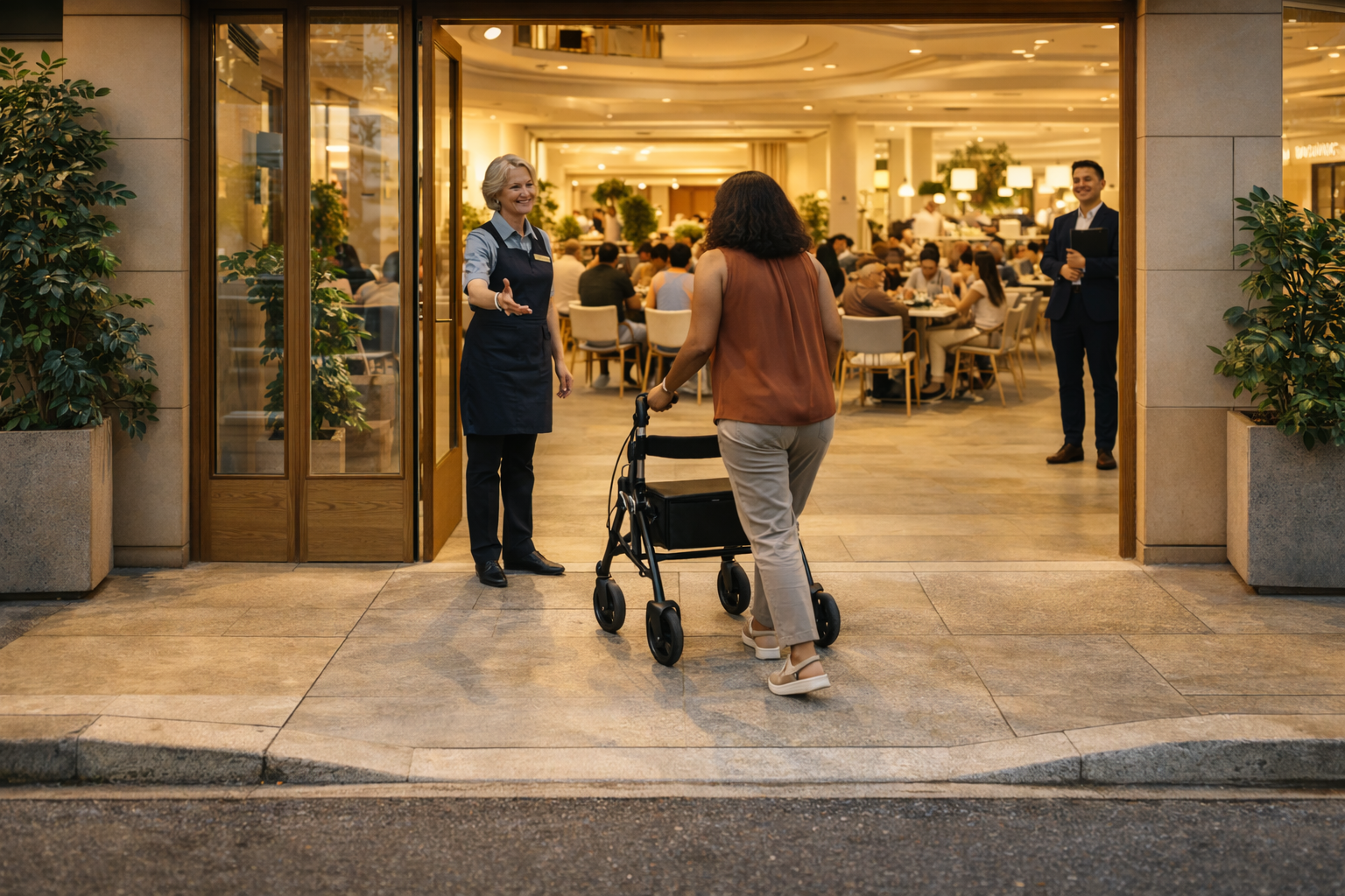 Pessoa em cadeira de rodas em frente a entrada de um edifício corporativo