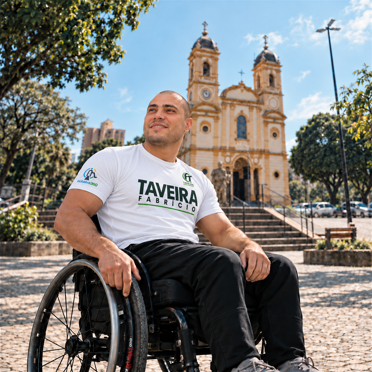 Fabrício, de camisa branca, em sua cadeira de rodas diante da Catedral de Barretos