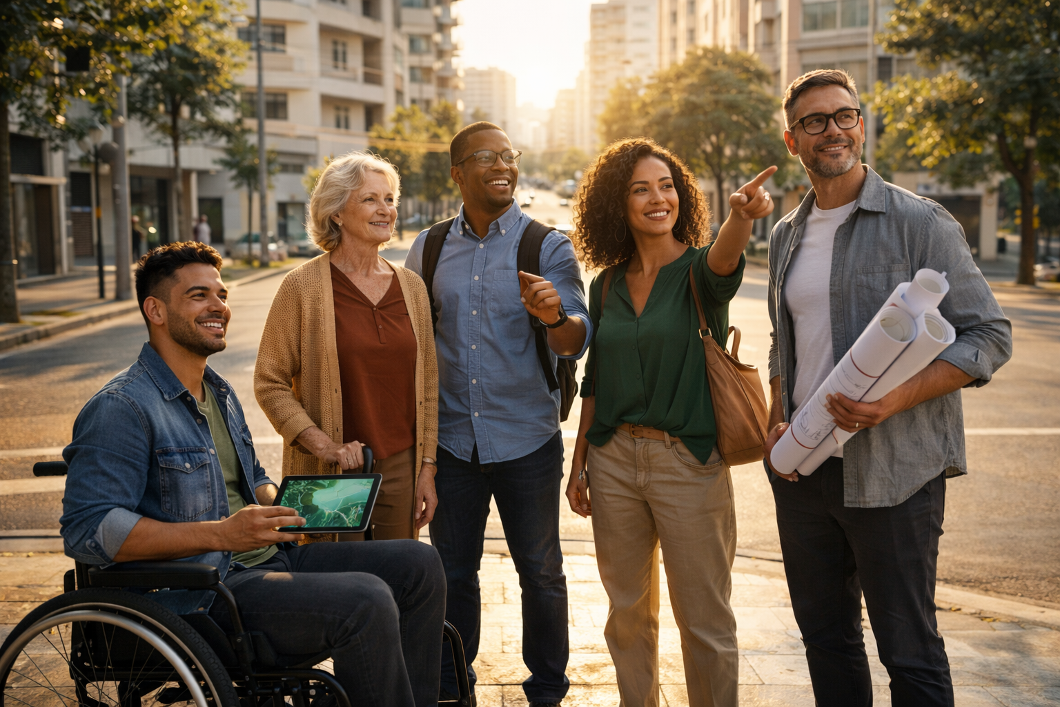 Pessoa em cadeira de rodas observando uma cidade acessível ao entardecer